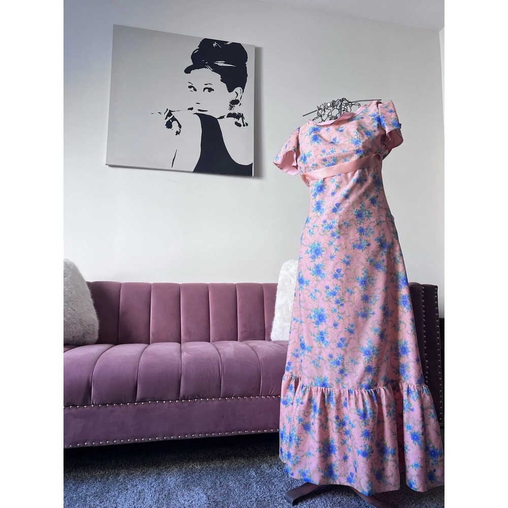 Vintage Handmade Pink Blue Floral Empire Waist Maxi Dress Ruffle Hem Cottagecore